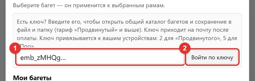 Поле для ключа и кнопка «Войти по ключу»